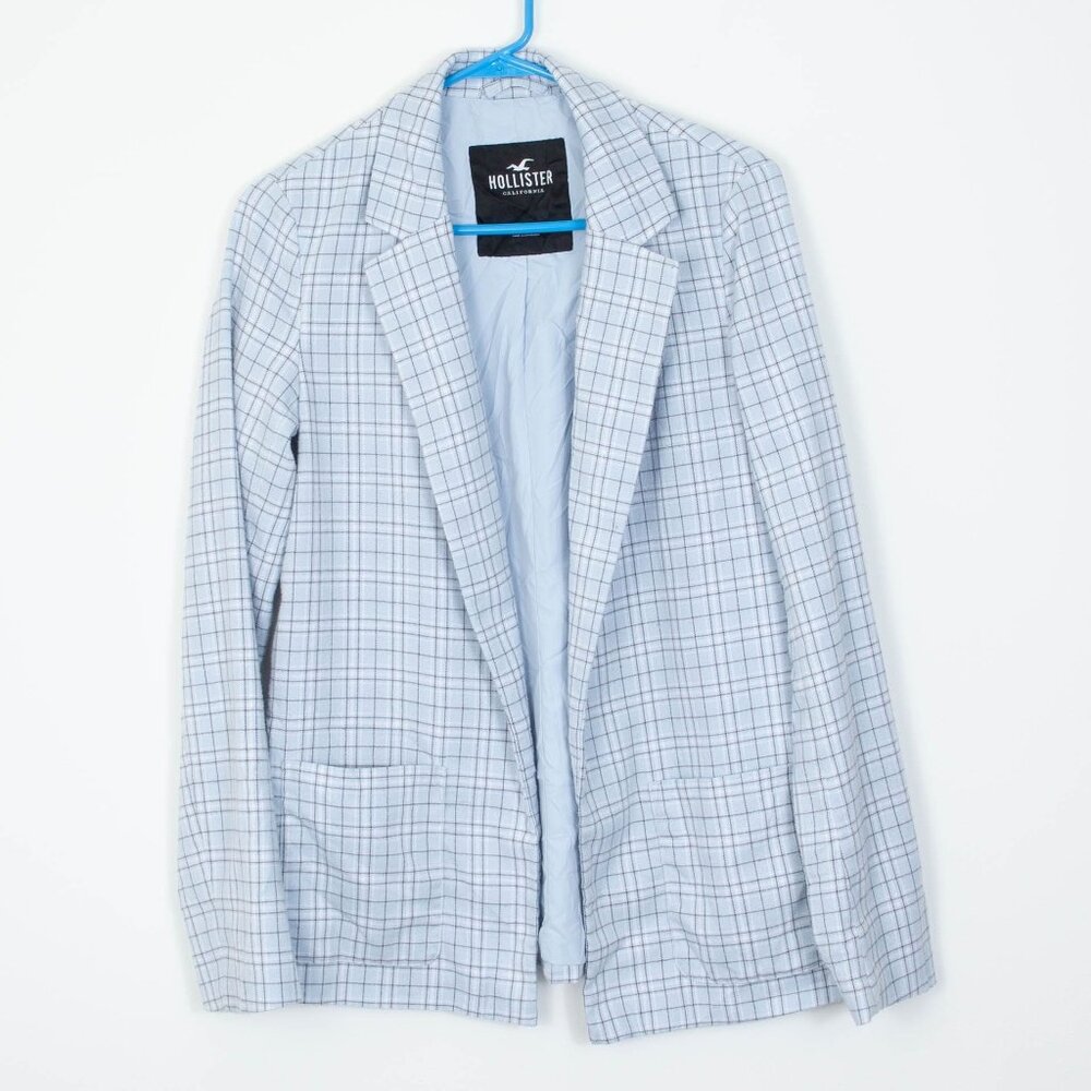 Hollister Womens Plaid Open Front Blazer Size S Blue Academia Career Office